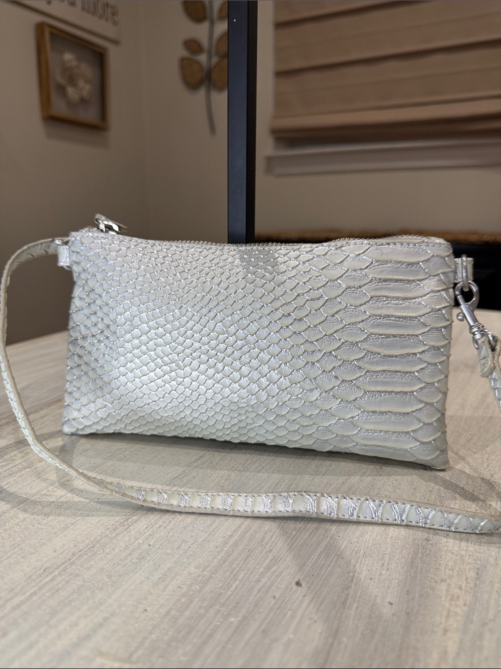 Textured Pearl Cream Wristlet Clutch with Detachable Strap